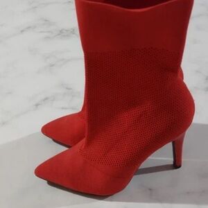 Brash Red Pointed Knit Sock Heeled Boots